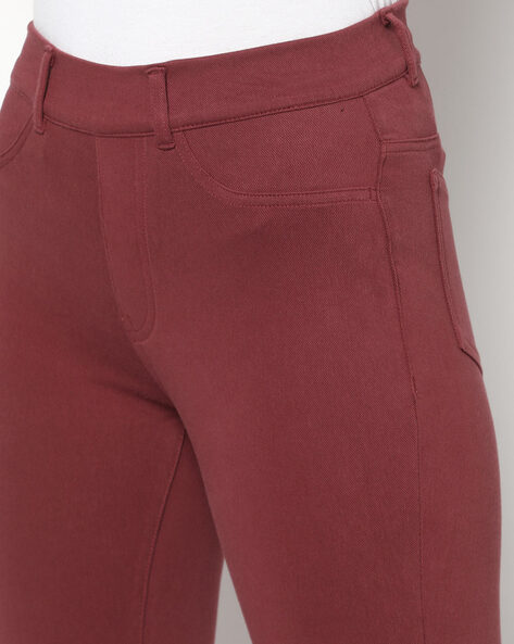 Buy Online Women Deep Red Solid Y2K Cargo Trousers at best price  Plussin