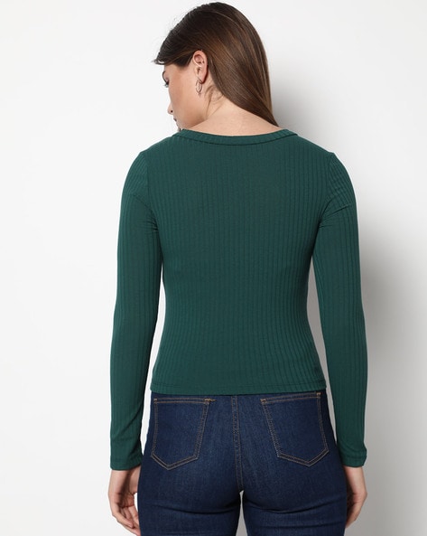 Monki ribbed crew neck top with long sleeve in dark green