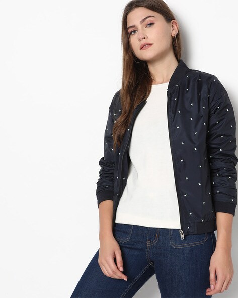 navy blue floral bomber jacket