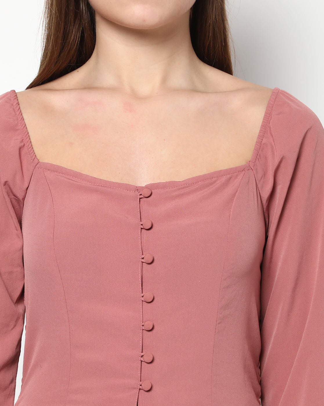 Buy Harpa Pink Square Neck Long Sleeves Self Design Casual Top online