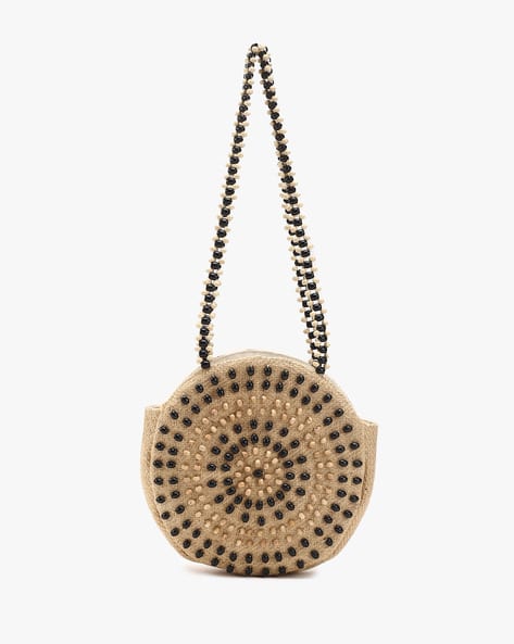 Bead-Embellished Jute Sling Bag