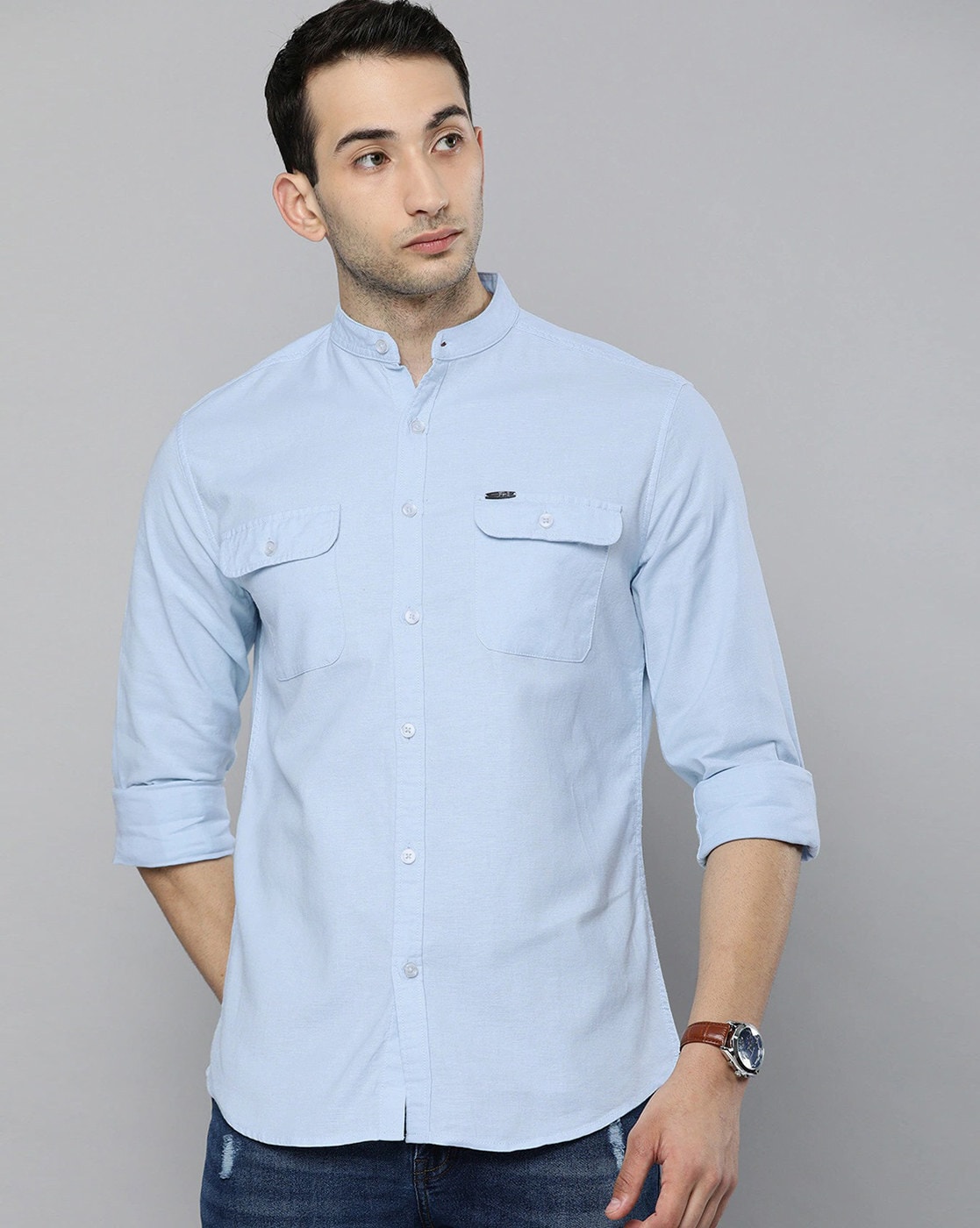 Touch denim blue color intricately printed with patch pocket full-sleeve  cotton regular-fit formal shirt
