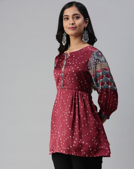 Ethnic Bandhani Design Printed Mirror & Zari Embroidered Kurta - Pink –  FASHOR