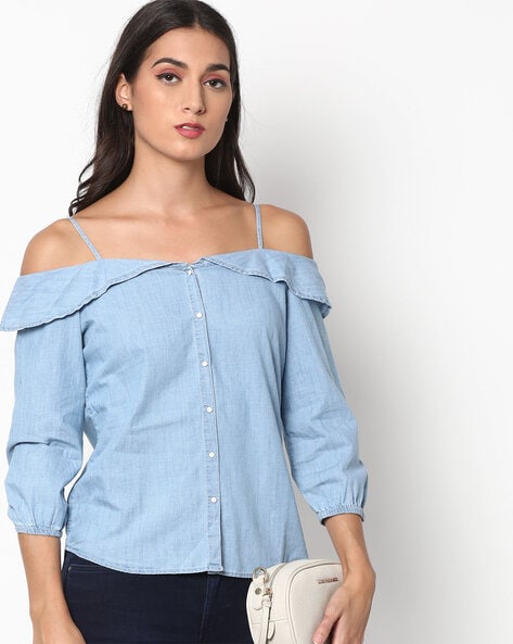 Off the shoulder online denim shirt