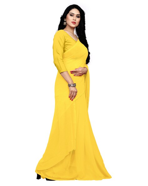 Lime Yellow Chiffon Saree with Badla work | Mirra clothing