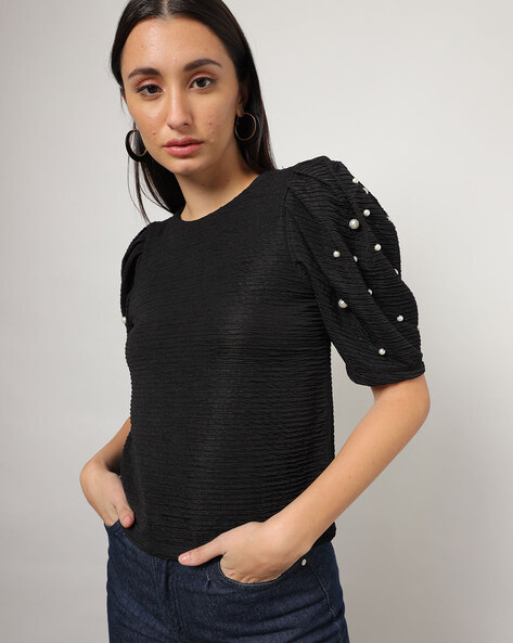 Crinkled Slim Fit Top with Beaded Puff Sleeves
