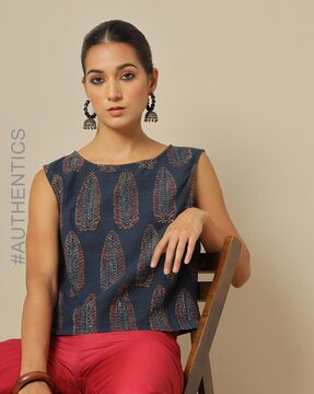 Get Ajrakh Printed Brown Sleeveless Crop Top at ₹ 999