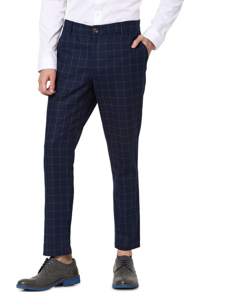 Buy Men Navy Check Slim Fit Formal Trousers Online  670825  Peter England