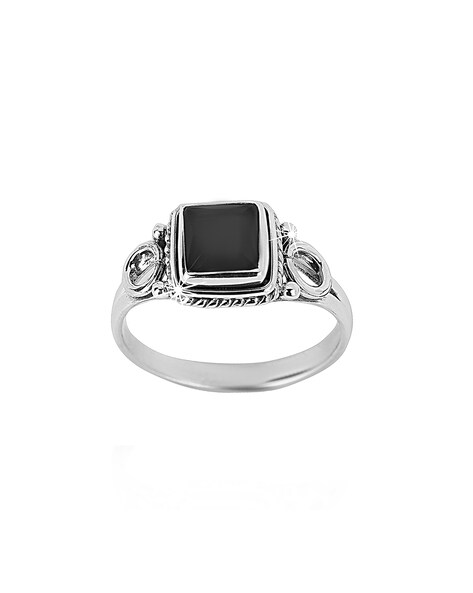 Sterling Silver Rectangle Onyx Ring in Black | Pascoes