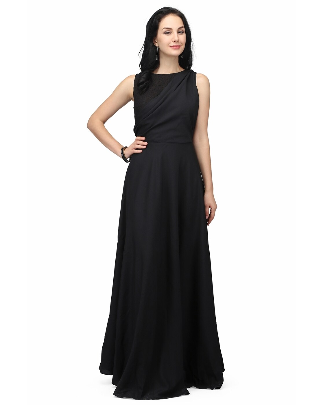 Buy DEEBACO Women's Solid Georgette Tiered Maxi Dress Fit & Flared Round  Neck Full Sleeve Summer Wear One Piece Girls Dress Western Party Casual  Wear Outfits for Ladies (DBDR00001013_XS_Black) at Amazon.in