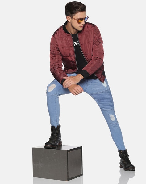 Red bomber jacket hot sale mens outfit