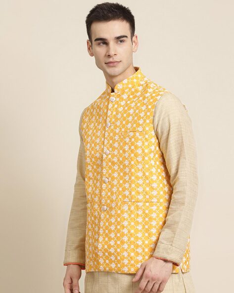 Buy Jaquard Banarasi Silk Yellow Nehru Jacket for Mens (NMK-6479) Online