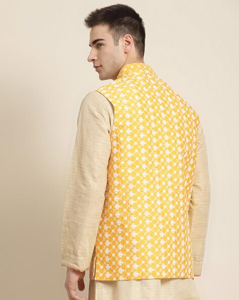 Mens Yellow Waistcoat Nehru Jacket Embroidered Angrakha style | InMonarch