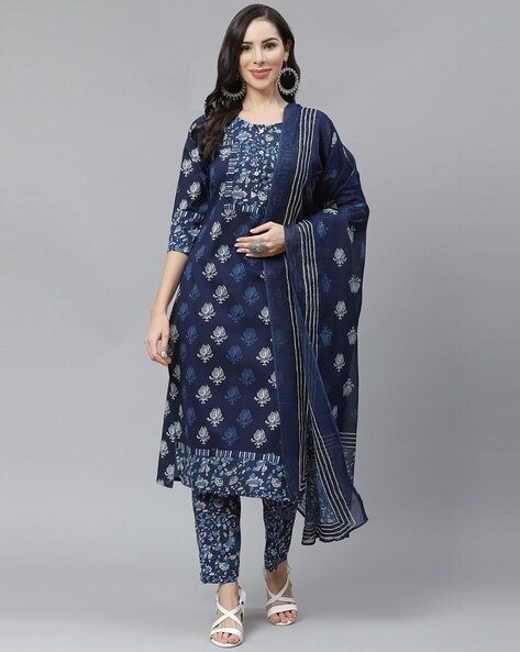 Women Navy Blue Kurti & Dupatta Dress 3/4 Sleeves Casual Wear Suit -  Vyshivka India Private Limited, Jaipur | ID: 23112027533