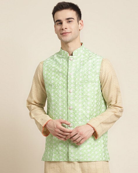Buy SOJANYA Men's Pure Cotton Green Kurta and White Pyjama With Light Green  Nehru Jacket at Amazon.in