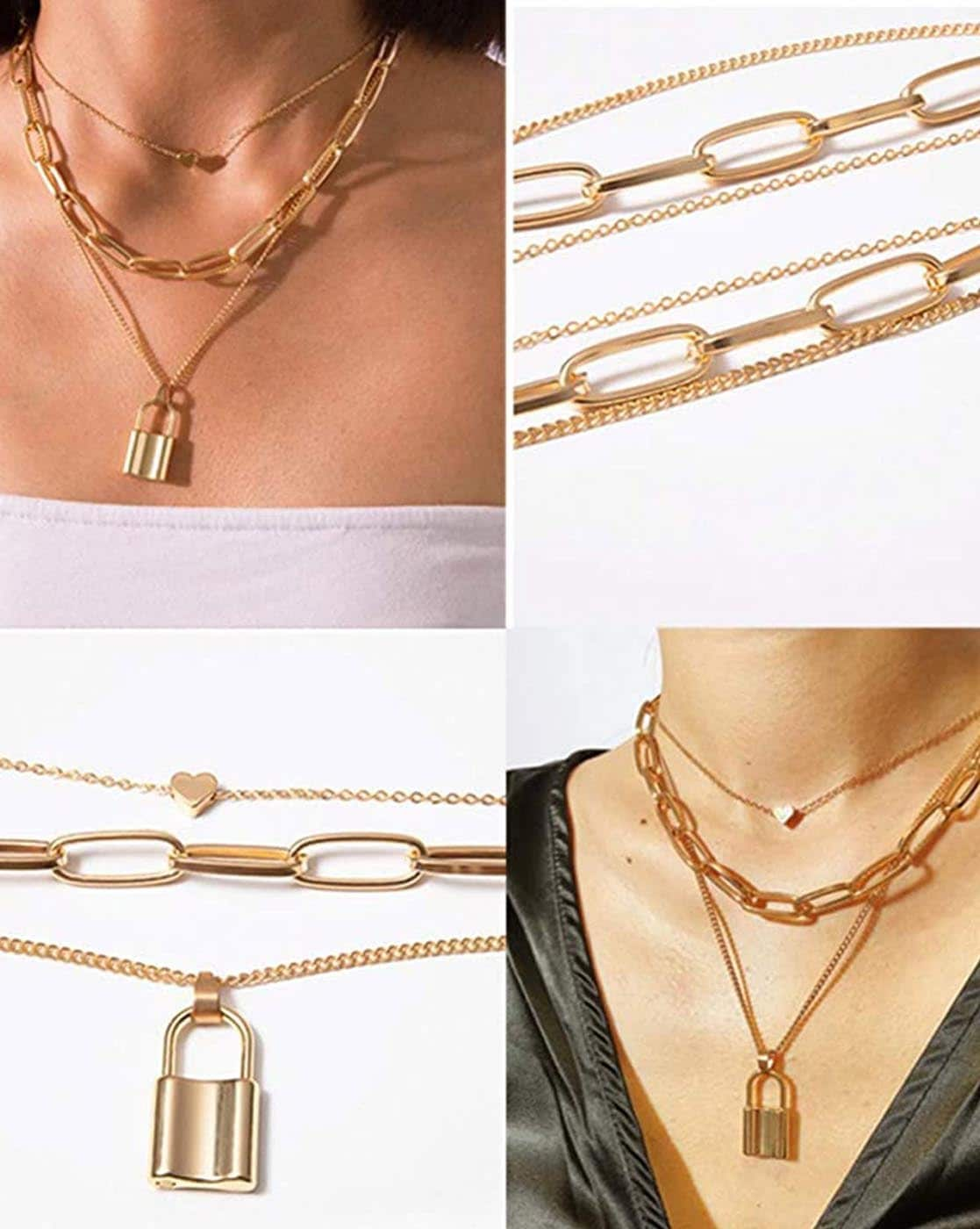 Multi-layer Lock and Heart Charm Choker Necklace