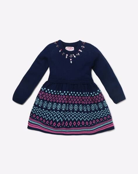 Printed Flared Dress with Neckline Embellishments
