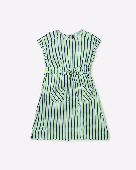 Striped A-line Dress with Drawstring Waist