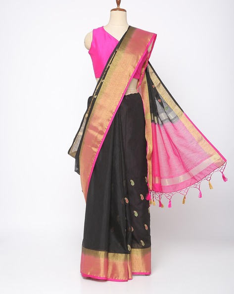 Look good in black Saree with pink border. #Saree #Blouse | Black saree  blouse designs, Saree blouse designs, Saree designs