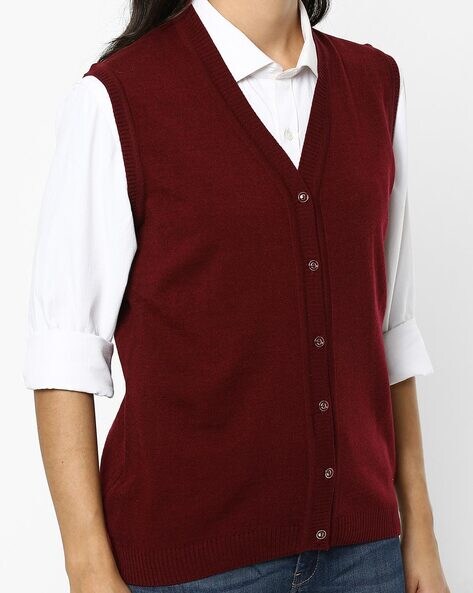 maroon sleeveless cardigan