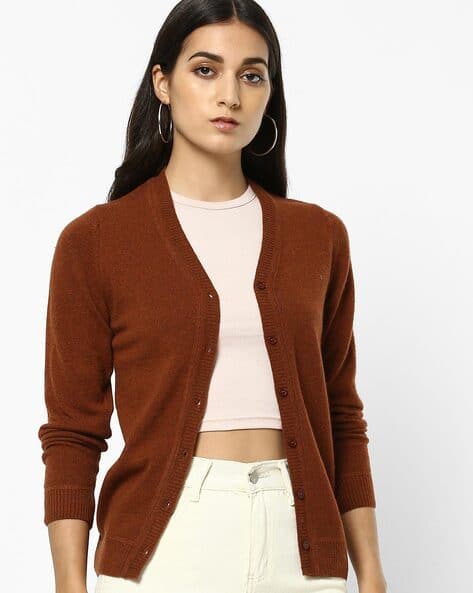 brown crew neck cardigan