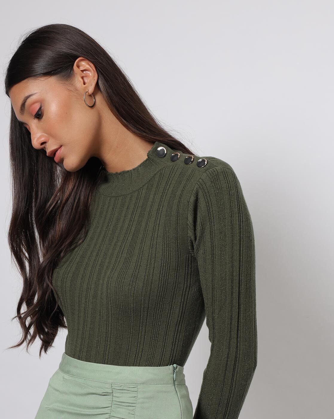 Karlee Dark Green Ribbed Knit Long Sleeve Sweater Top