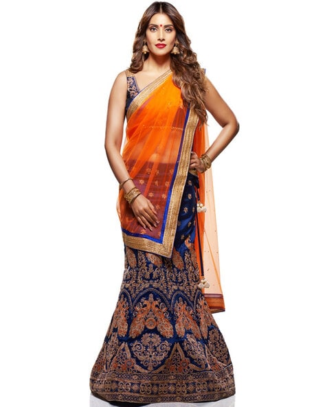 Orange And Blue Embroidered Party Wear Lehenga Set - Desi Royale | Party  wear lehenga, Orange lehenga, Indian bridal outfits