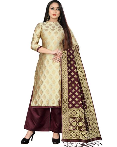 Embellished Print Unstitched Dress Material with Dupatta Price in India