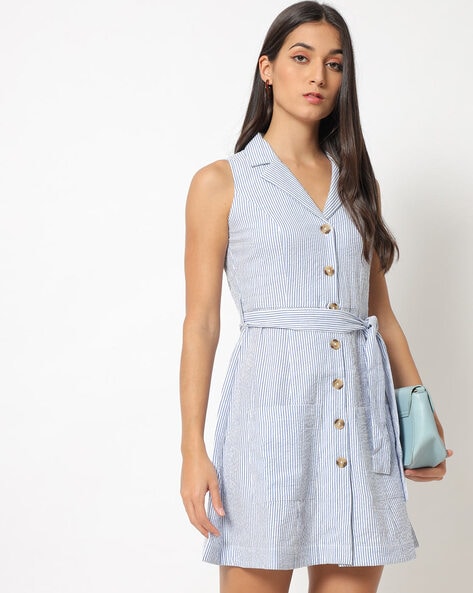 button front blue dress