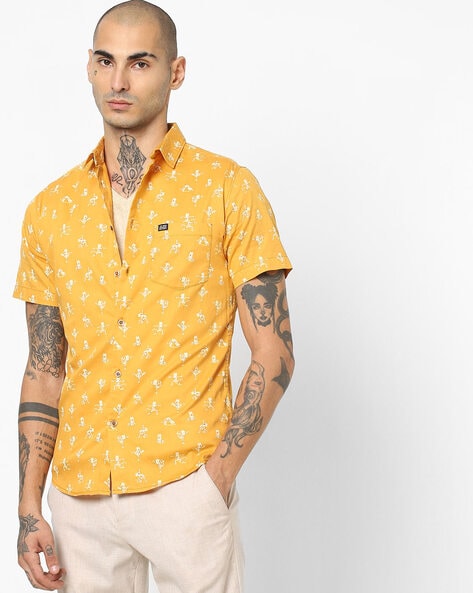 mens yellow print dress shirt