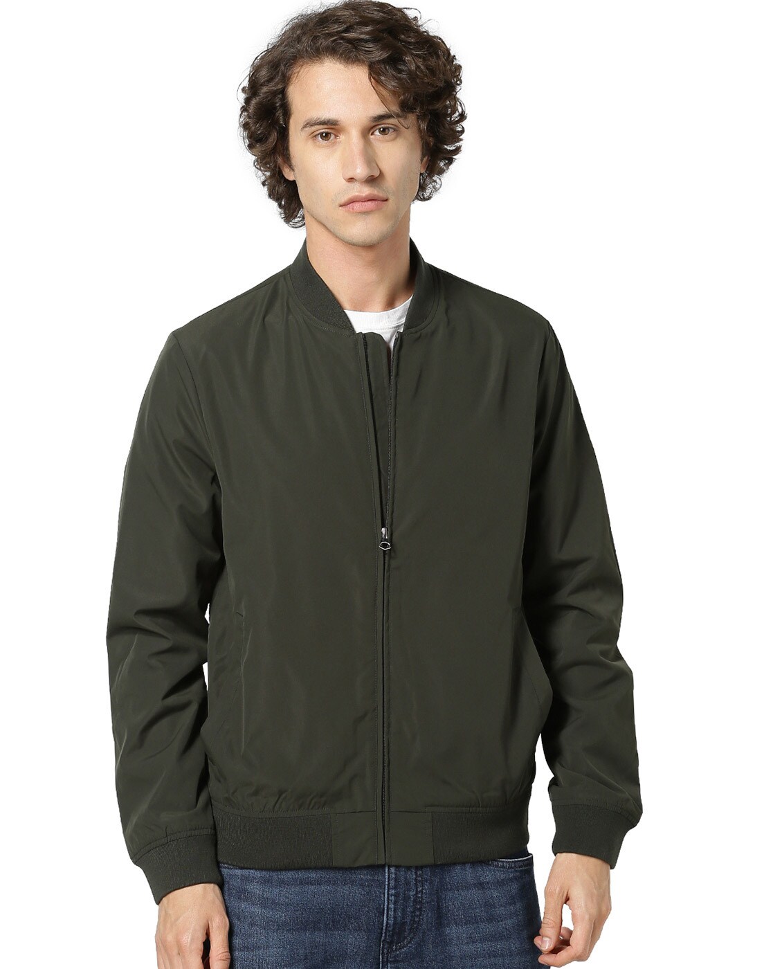 Olive Green Beige Colourblocked Denim Jacket (CUCURLY) | Celio