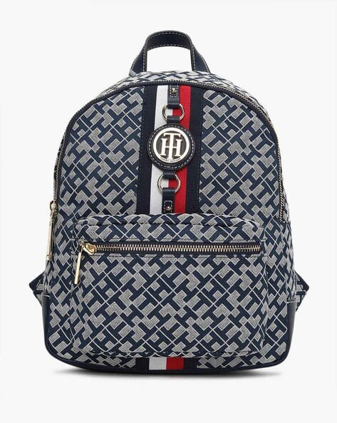 Brand Logo Print Backpack with External Zip Pocket
