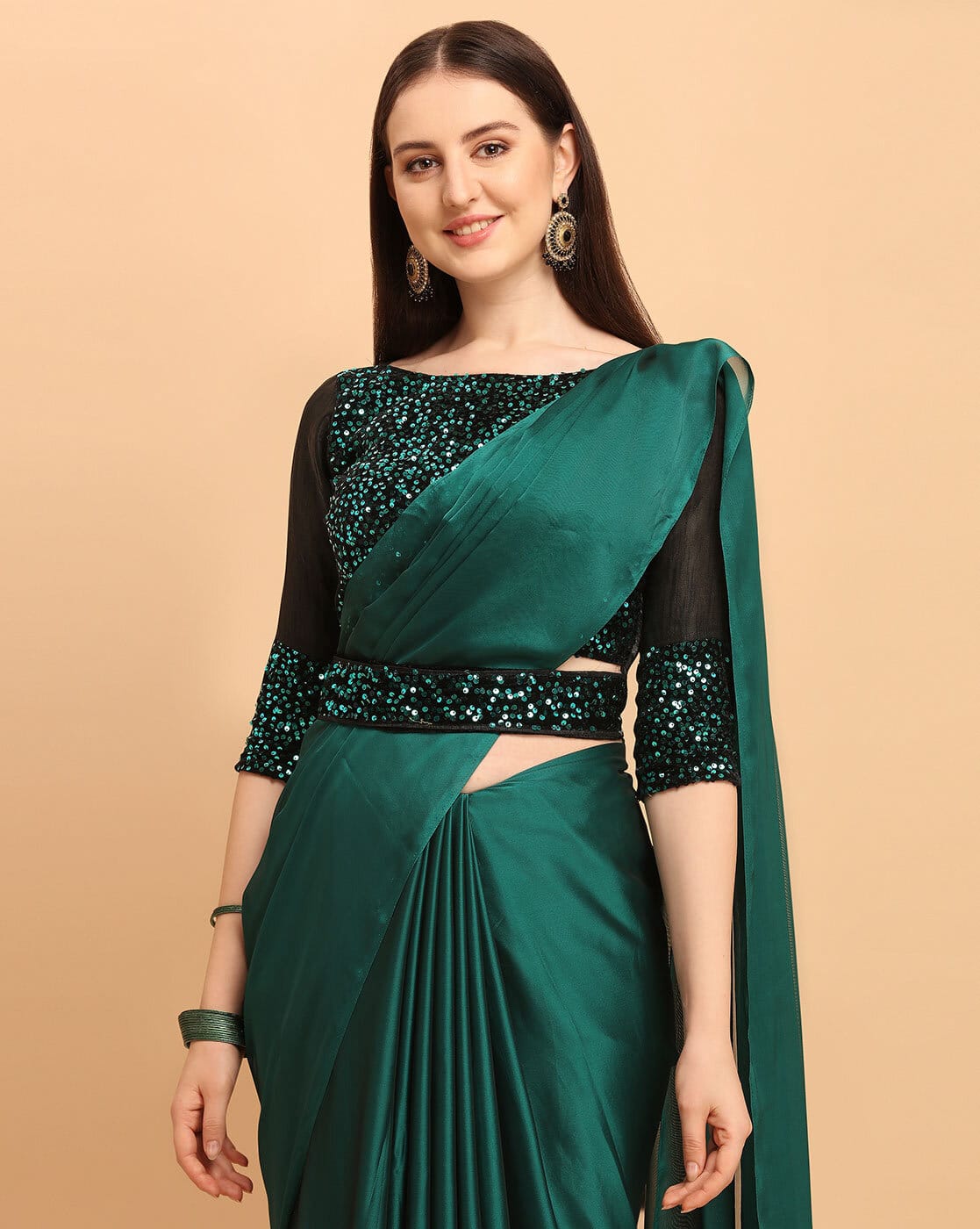 Buy Dark Green Sarees for Women by FOUR 