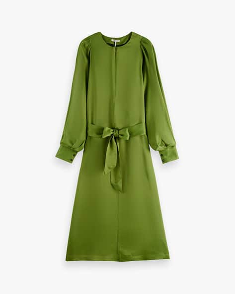 Belted A-line Midi Dress with Voluminous Sleeves