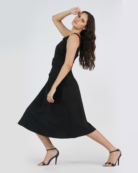 Black fit and outlet flare dress with pockets