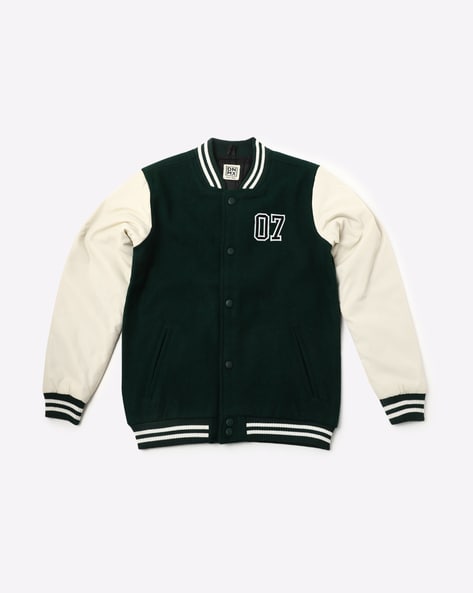 Button-Down Varsity Jacket with Contrast Sleeves
