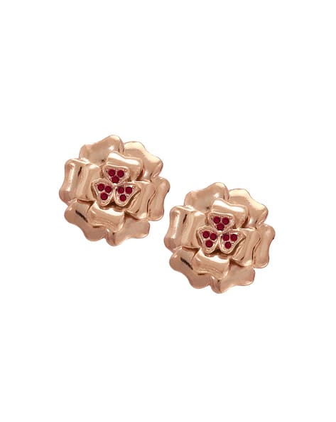 MAHI Rose Gold Plated Floral Heart Studs with Crystal Stones