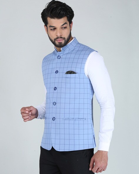 Sky Blue Linen Nehru Jacket – Minizmo