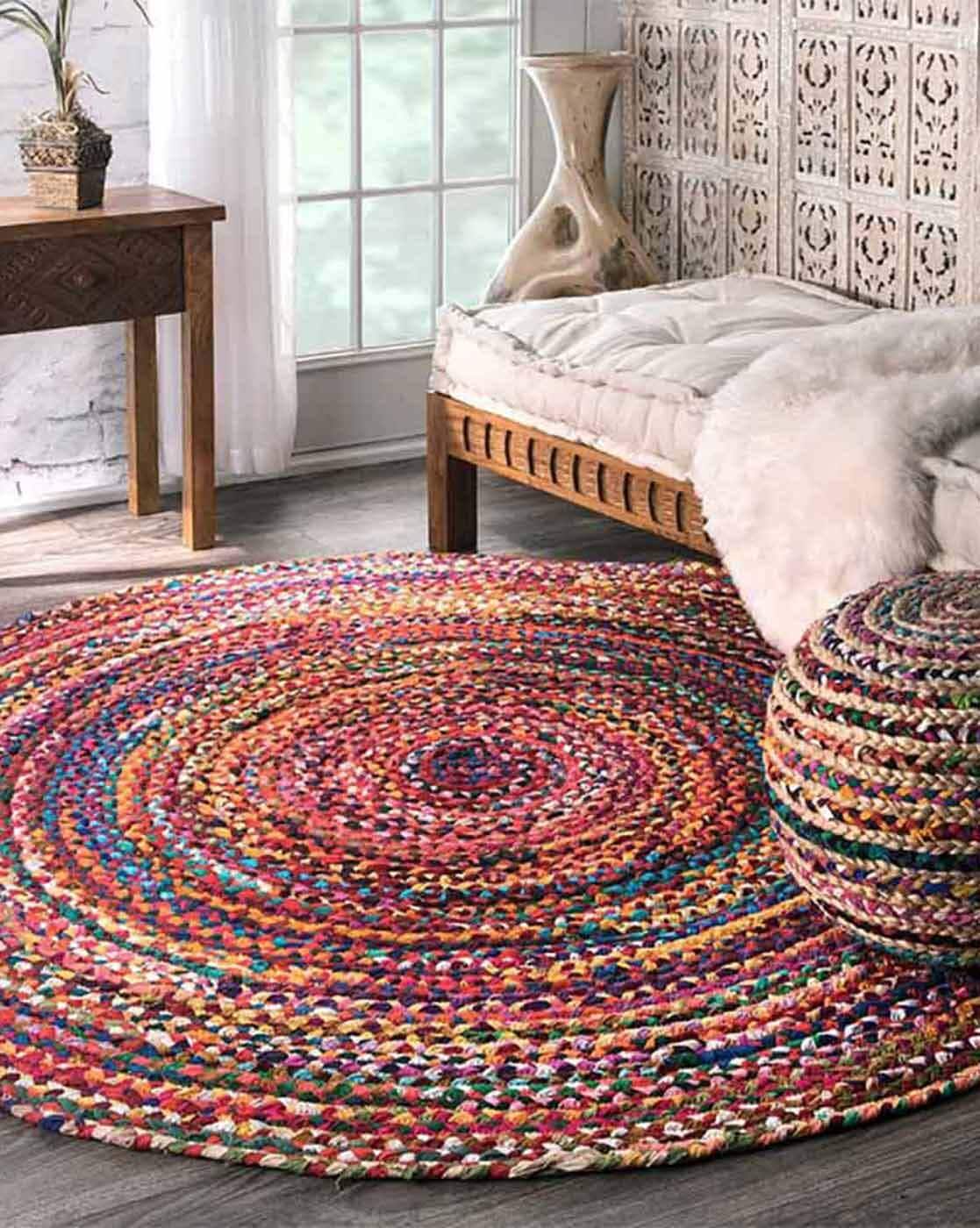 Beautiful Home Cotton Green Chindi Braided Flower Round Rug,Hand Woven & Reversible Design Rug,Vibrant Fabric Rugs,Living Room, 70 cm Round