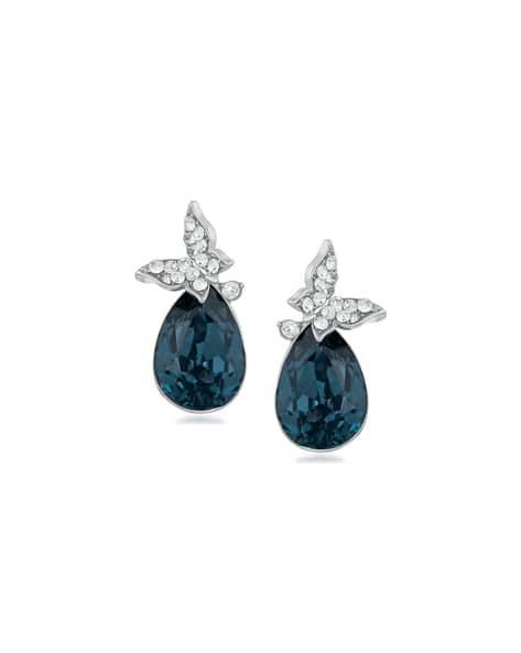 MAHI Rhodium-Plated Crystals Butterfly Stud Earrings