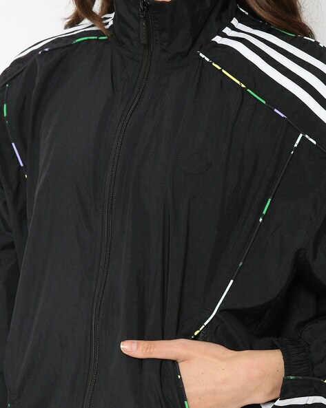 Adidas jacket black outlet with green stripes