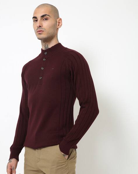 High-Neck Henley Pullover with Ribbed Hems