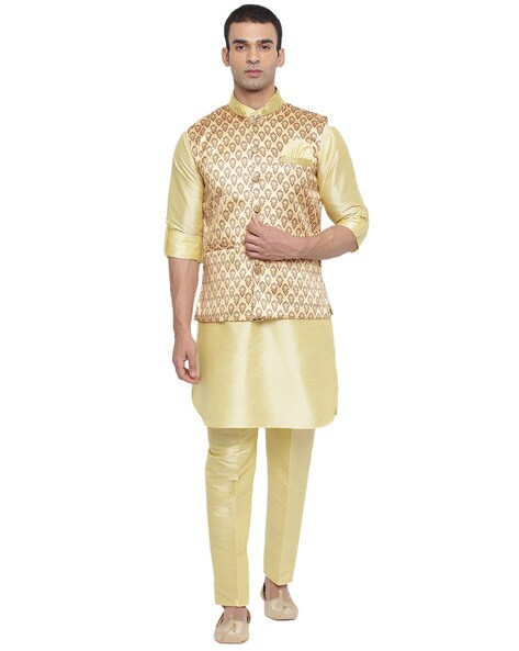 Mens Yellow Cotton Silk Nehru Jacket with Kurta Set – Spring Break