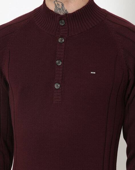 High-Neck Henley Pullover with Ribbed Hems view 3