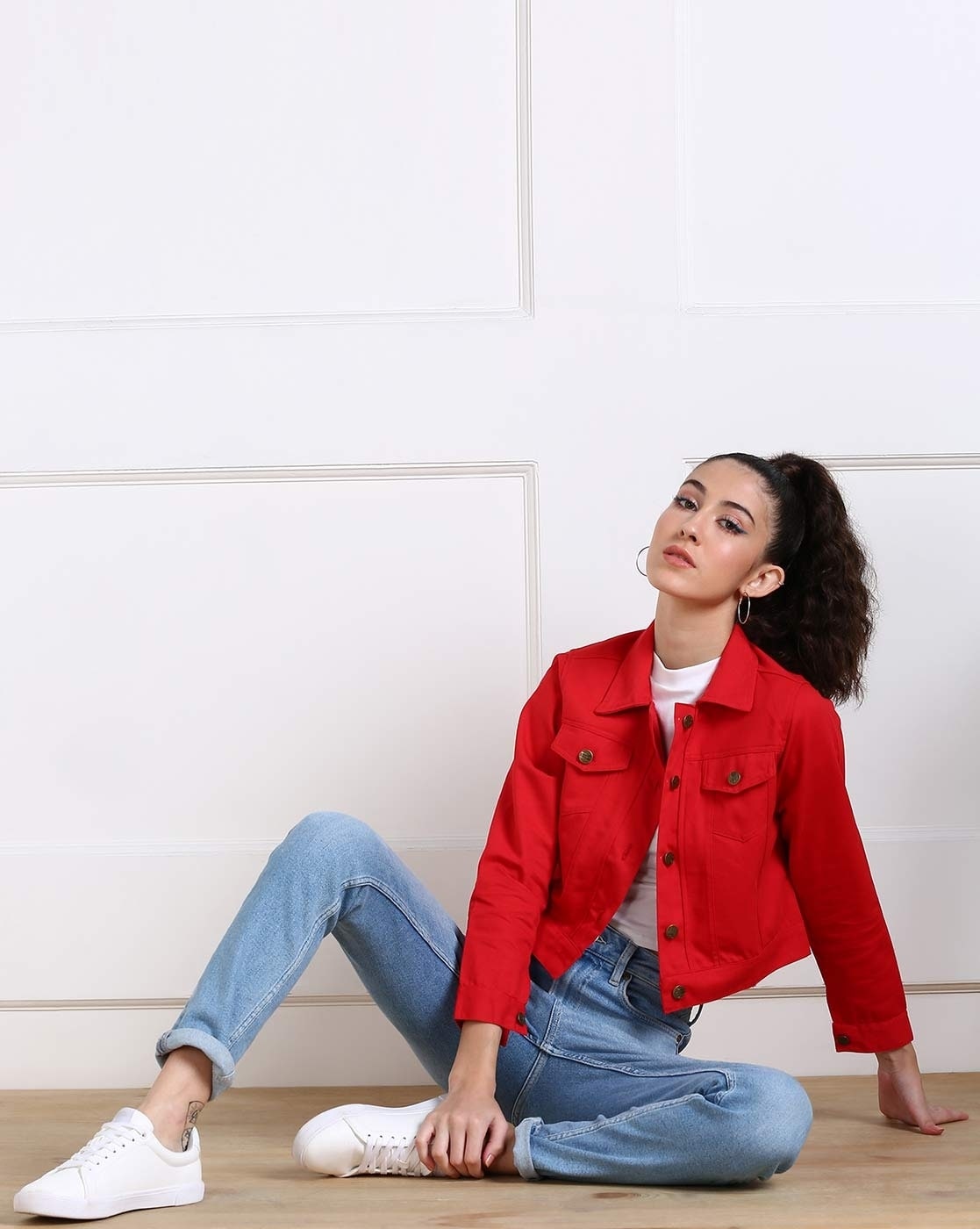 Corduroy is having a moment right now. Tap into the rend with our boxy  jacket in red. | Red jacket outfit, Jacket outfit women, Red denim jacket