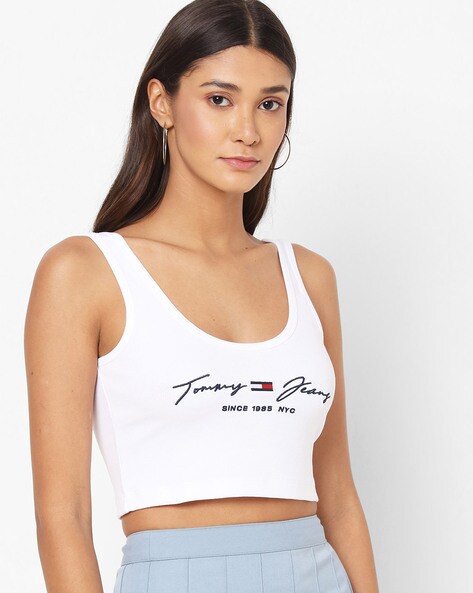 Brand Print Sleeveless Crop Top