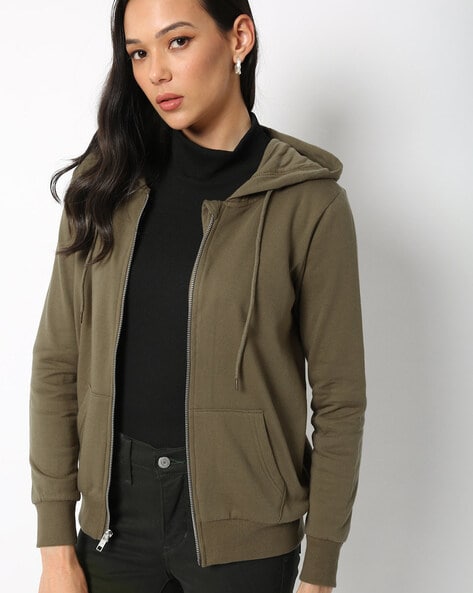 olive green zip up hoodie women's