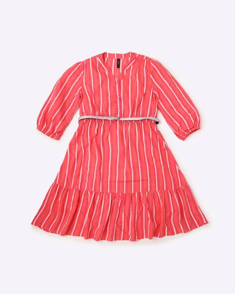 Striped A-line Dress with Belt