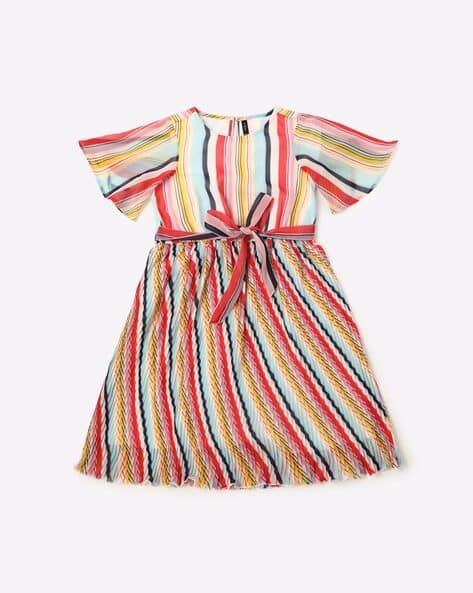 Striped A-line Dress with Back Tie-Up