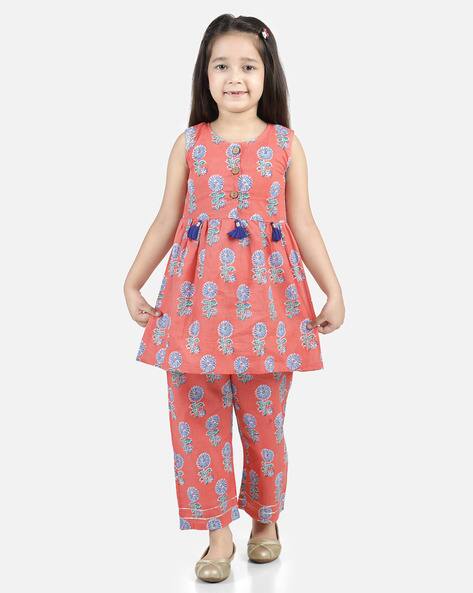 BownBee Block Print Henley-Neck A-line Kurta with Palazzo Set